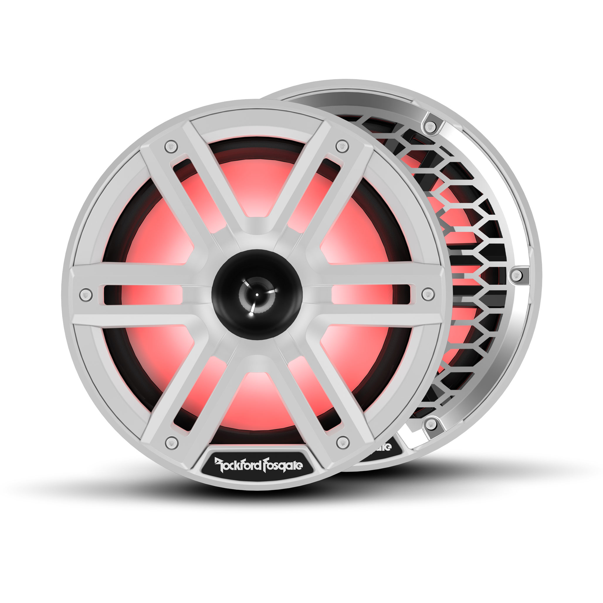 Rockford Fosgate M2 8" Horn Tweeter Marine Speakers w/ RGB LEDs White & Stainless Grilles Pair